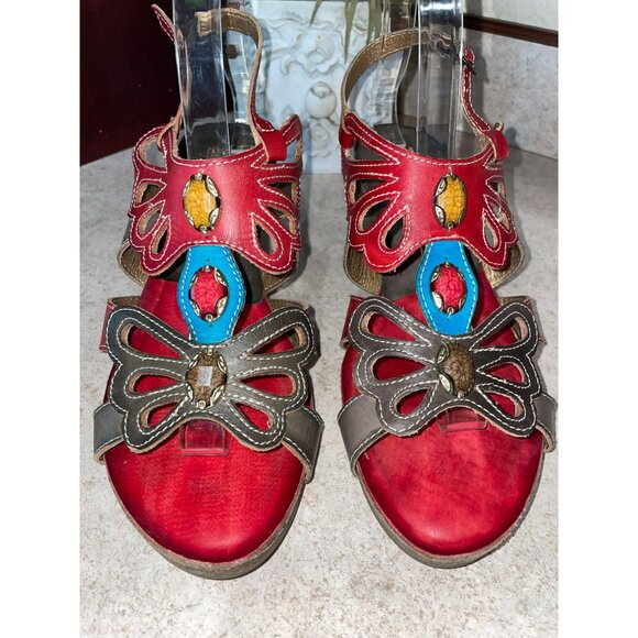 LArtiste Womens Red & Brown Leather Open-Toe Heeled Sandals With Gemstone Accent - Picture 3 of 10